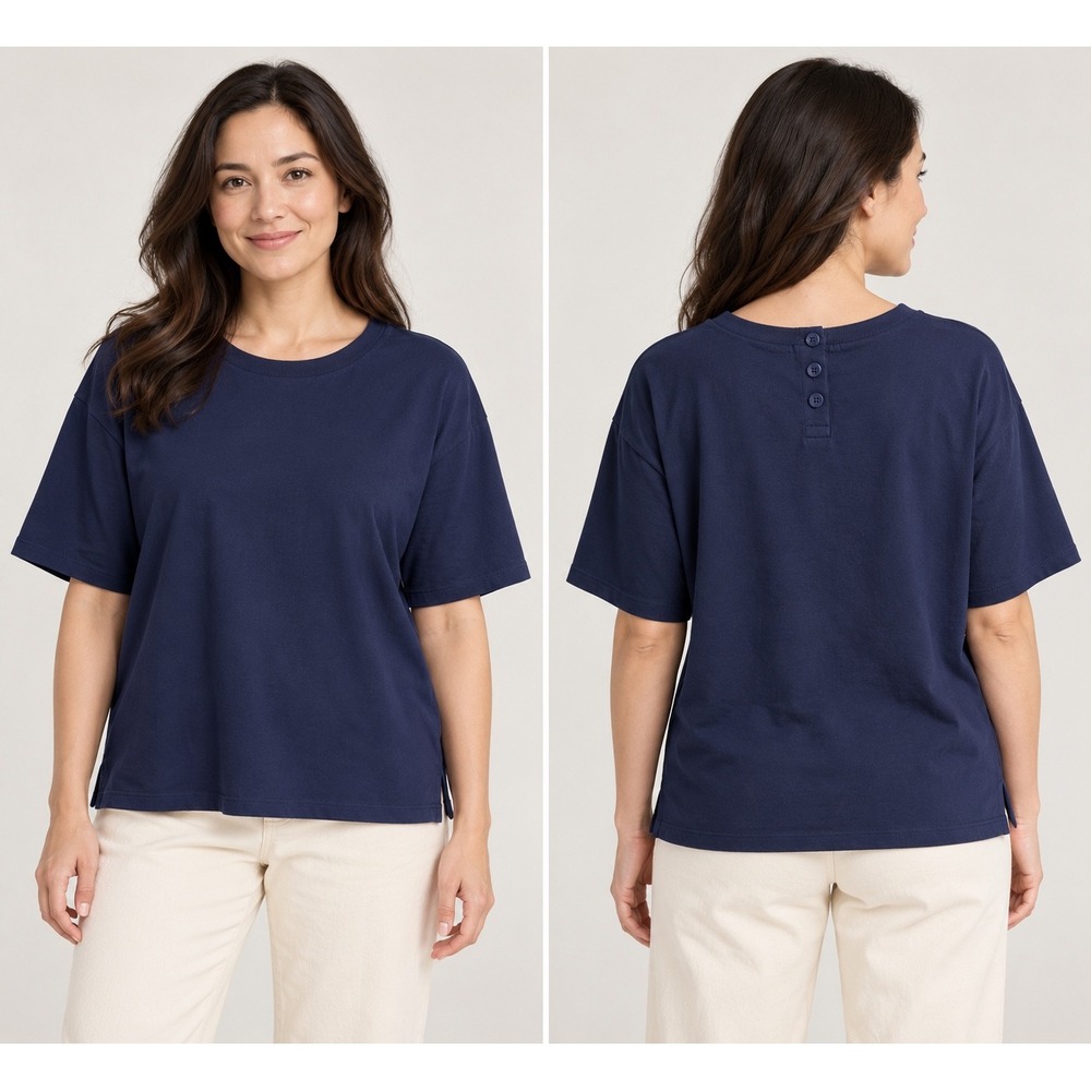 Talbots Petite Navy Blue 100% Pima Cotton Button Back Short Sleeve Tee LP
